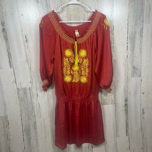 Uncle Frank Anthropologie Red Embroidered Mini Dress Size‎ S